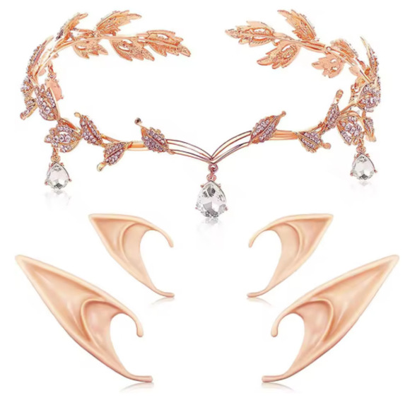 Rose Gold Elf Fairy Tiara Crown with Clear Gem & 4 Elf Ears Cosplay Hallowen - Picture 1 of 10